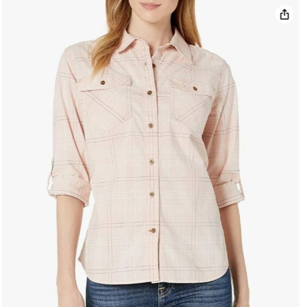 Carhartt Rugged Flex Pink Plaid Button Up Shirt-Small-Roll Tab Sleeve-Pockets